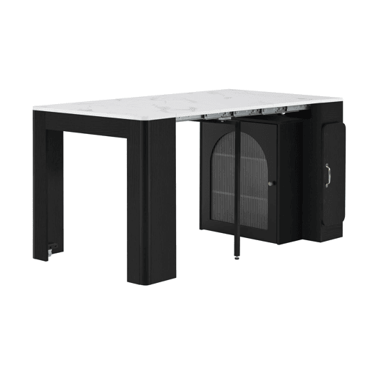 Ilha de cozinha com rodas, mesa de jantar extensível com tampo removível - Carrinho móvel com tomadas - Branco e Preto