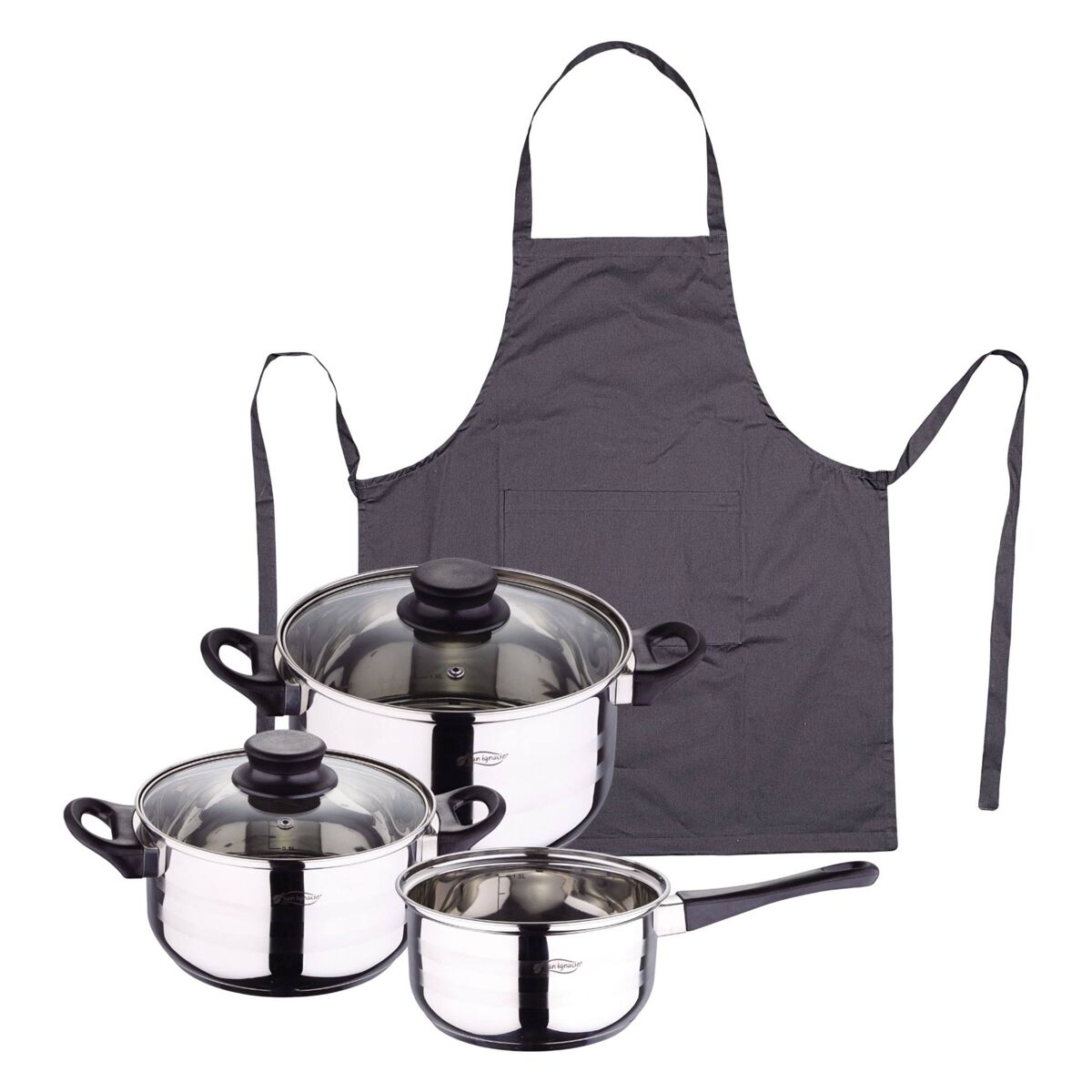 Set de baterías de cocina toledo 5pc aptas para inducción+  delantal de cocina gris oscuro 100% algodón 75x80cm de talla única smart masterpro