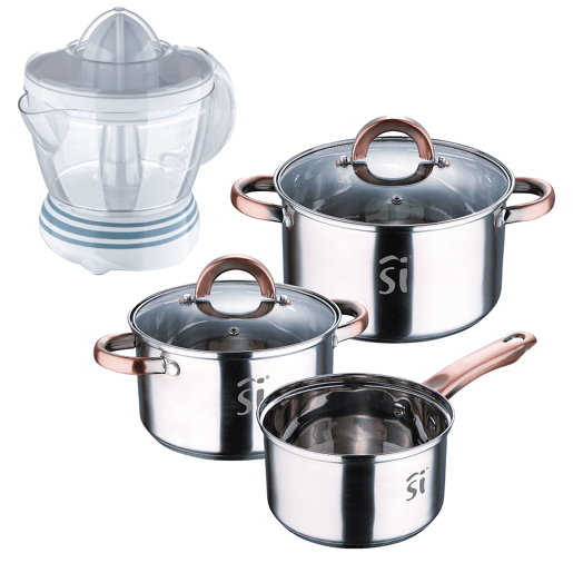 Conjunto de panelas de aço inoxidável de 5 peças (Ø16, Ø18, Ø20), adequadas para fogões de indução + Extrator de suco Bergner NATURALLY - 40W - Capacidade de 1,2 litro