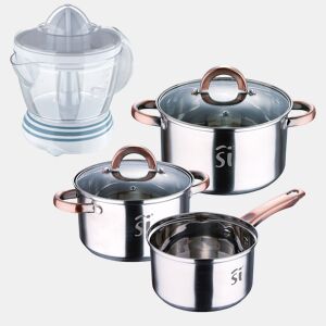 Conjunto de panelas de aço inoxidável de 5 peças (Ø16, Ø18, Ø20), adequadas para fogões de indução + Extrator de suco Bergner NATURALLY - 40W - Capacidade de 1,2 litro