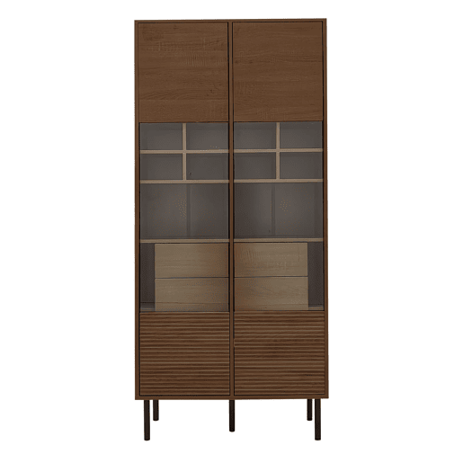 Vitrine multifuncional - prateleiras + porta de vidro + gaveta oculta - madeira