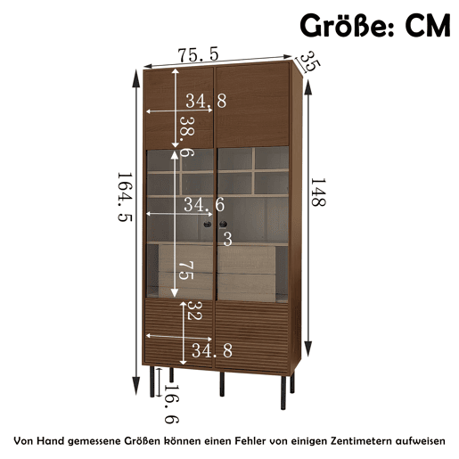 Vitrine multifuncional - prateleiras + porta de vidro + gaveta oculta - madeira