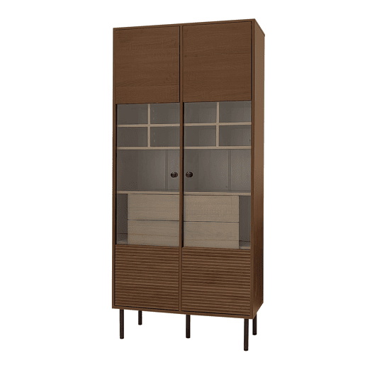 Vitrine multifuncional - prateleiras + porta de vidro + gaveta oculta - madeira