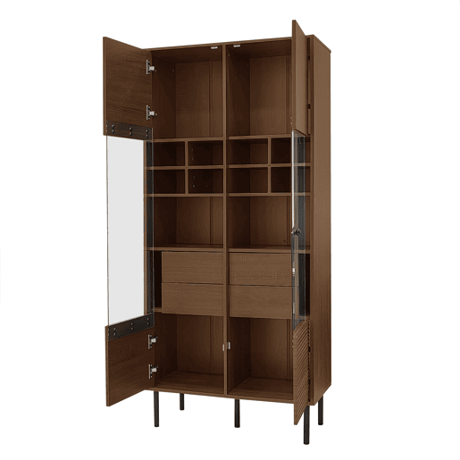 Vitrine multifuncional - prateleiras + porta de vidro + gaveta oculta - madeira