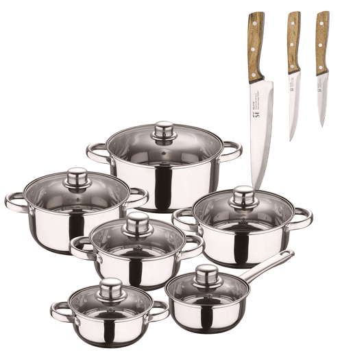 Conjunto de panelas San Ignacio de aço inoxidável com 12 peças e acabamento cromado, coleção Cassel + conjunto de facas de aço inoxidável com 3 peças Conjunto de panelas San Ignacio de aço inoxidável com 12 peças e acabamento cromado, coleção Cassel + conjunto de facas de aço inoxidável com 3 peças