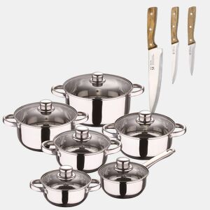 Conjunto de panelas San Ignacio de aço inoxidável com 12 peças e acabamento cromado, coleção Cassel + conjunto de facas de aço inoxidável com 3 peças