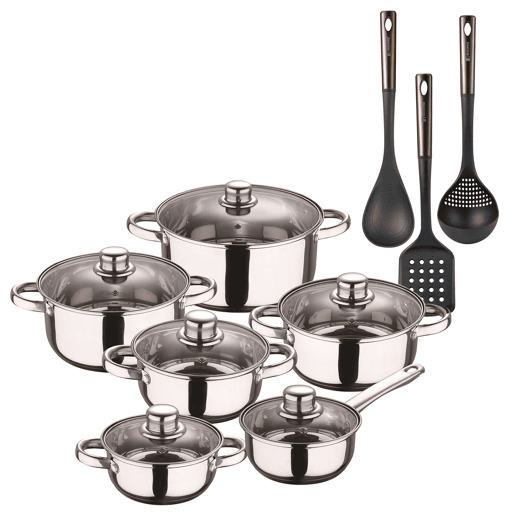 Conjunto de panelas San Ignacio de 12 peças em aço inoxidável com acabamento cromado, coleção Cassel + conjunto de utensílios de cozinha de 3 peças em PBT preto e cobre