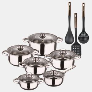 Conjunto de panelas San Ignacio de 12 peças em aço inoxidável com acabamento cromado, coleção Cassel + conjunto de utensílios de cozinha de 3 peças em PBT preto e cobre