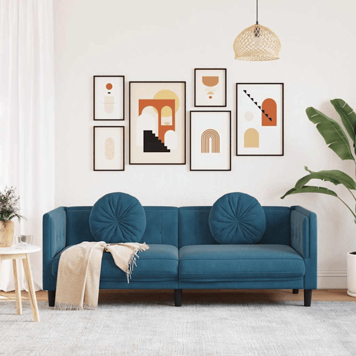 Sofá 3 lugares - Sofá fixo com almofadões veludo azul