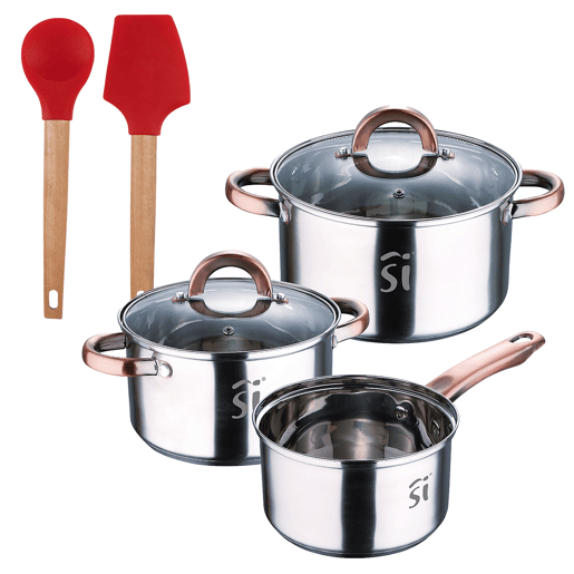 Conjunto de panelas de aço inoxidável de 5 peças Ø16Ø18Ø20, adequado para indução + conjunto de panelas Bergner EXCALIBUR de 2 peças