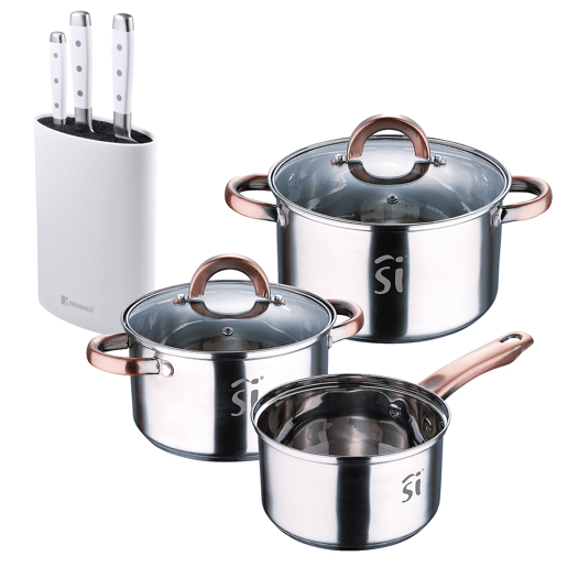 Conjunto de panelas de aço inoxidável de 5 peças Ø16Ø18Ø20, adequado para indução + conjunto de facas de aço inoxidável Bergner NATURALLY de 3 peças + bloco de facas branco