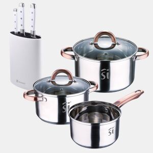 Conjunto de panelas de aço inoxidável de 5 peças Ø16Ø18Ø20, adequado para indução + conjunto de facas de aço inoxidável Bergner NATURALLY de 3 peças + bloco de facas branco