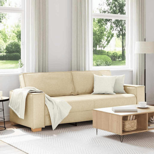 Sofá 3 lugares, Sofá fixo Creme 220 x 78 x 84 cm tecido Sofá 3 lugares, Sofá fixo Creme 220 x 78 x 84 cm tecido
