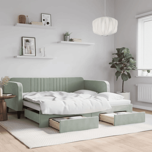 Sofá-cama, Sofá conversível c gavetão e gavetas 90x190 cm veludo cinzento-claro