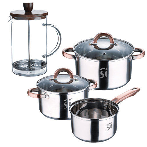 Conjunto de panelas de aço inoxidável de 5 peças (Ø16, Ø18, Ø20), adequadas para fogões de indução + cafeteira francesa NOIA San Ignacio em vidro borossilicato (15,8 x 10 x 18,8 cm)