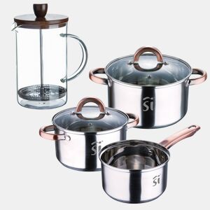 Conjunto de panelas de aço inoxidável de 5 peças (Ø16, Ø18, Ø20), adequadas para fogões de indução + cafeteira francesa NOIA San Ignacio em vidro borossilicato (15,8 x 10 x 18,8 cm)