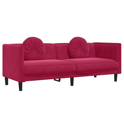 Sofá 3 lugares - Sofá fixo com almofadões veludo vermelho tinto