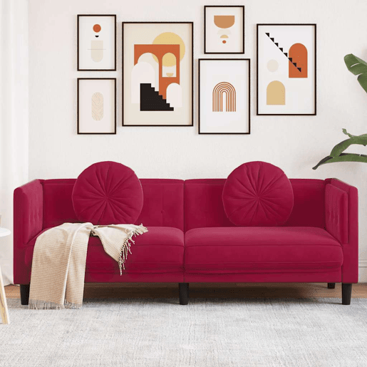Sofá 3 lugares - Sofá fixo com almofadões veludo vermelho tinto