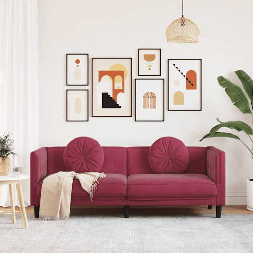 Sofá 3 lugares - Sofá fixo com almofadões veludo vermelho tinto