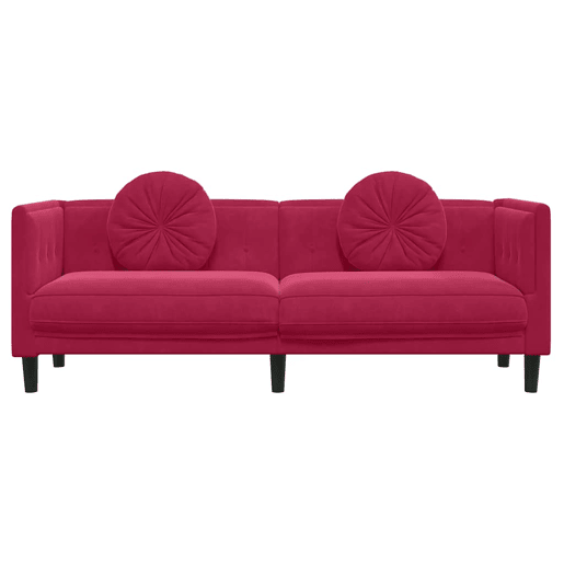 Sofá 3 lugares - Sofá fixo com almofadões veludo vermelho tinto