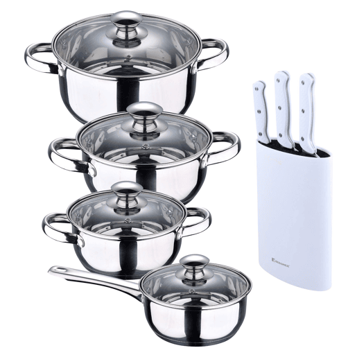 Conjunto de panelas SAN IGNACIO de 7 peças em aço inoxidável, adequado para todos os tipos de fogão + Conjunto de 3 facas de aço inoxidável com cabos