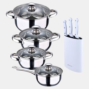 Conjunto de panelas SAN IGNACIO de 7 peças em aço inoxidável, adequado para todos os tipos de fogão + Conjunto de 3 facas de aço inoxidável com cabos