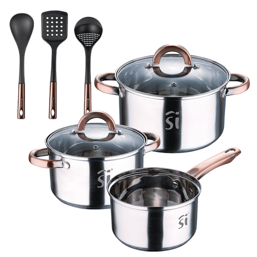 Conjunto de panelas de aço inoxidável de 5 peças Ø16Ø18Ø20, adequado para indução + Conjunto de utensílios de cozinha Bergner Copper de 3 peças em PBT preto e cobre