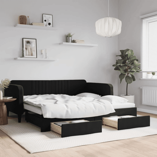 Sofá-cama, Sofá conversível com gavetão e gavetas 90x190 cm veludo preto Sofá-cama, Sofá conversível com gavetão e gavetas 90x190 cm veludo preto
