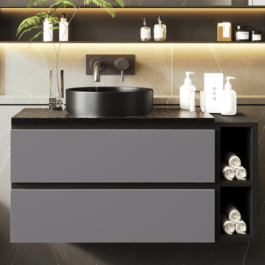 Móvel de casa de banho suspenso 80 cm - com lavatório em cerâmica e gavetas, design moderno - Preto+Cinza Móvel de casa de banho suspenso 80 cm - com lavatório em cerâmica e gavetas, design moderno - Preto+Cinza