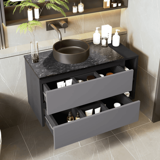 Móvel de casa de banho suspenso 80 cm - com lavatório em cerâmica e gavetas, design moderno - Preto+Cinza Móvel de casa de banho suspenso 80 cm - com lavatório em cerâmica e gavetas, design moderno - Preto+Cinza