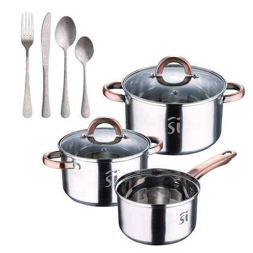 Conjunto de panelas de aço inoxidável de 5 peças (Ø16, Ø18, Ø20 cm), adequadas para indução + conjunto de talheres de aço inoxidável de 16 peças da NOIA San Ignacio