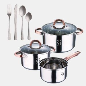 Conjunto de panelas de aço inoxidável de 5 peças (Ø16, Ø18, Ø20 cm), adequadas para indução + conjunto de talheres de aço inoxidável de 16 peças da NOIA San Ignacio