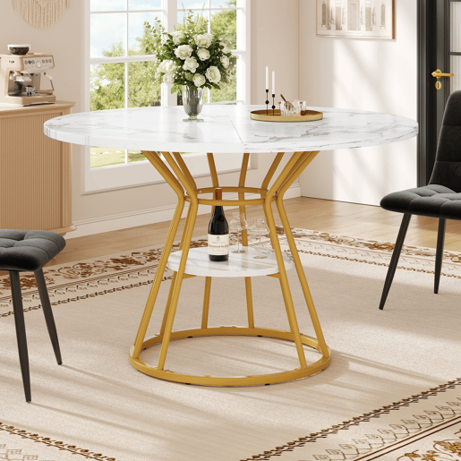 Mesa redonda de jantar 1 peça - Mesa de cozinha, pernas metálicas, design em mármore, dourado