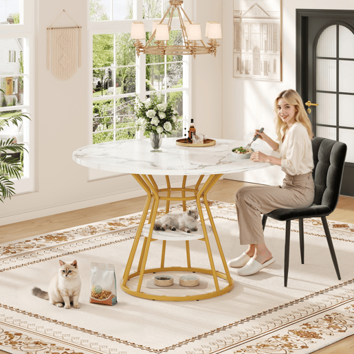 Mesa redonda de jantar 1 peça - Mesa de cozinha, pernas metálicas, design em mármore, dourado