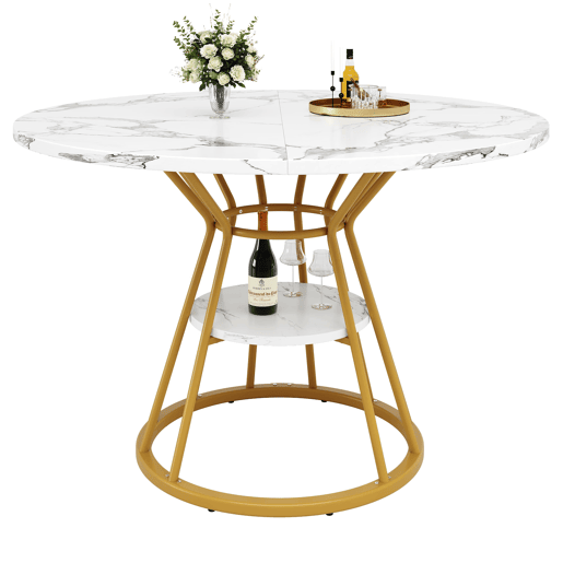 Mesa redonda de jantar 1 peça - Mesa de cozinha, pernas metálicas, design em mármore, dourado