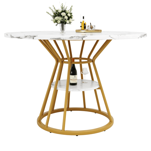 Mesa redonda de jantar 1 peça - Mesa de cozinha, pernas metálicas, design em mármore, dourado