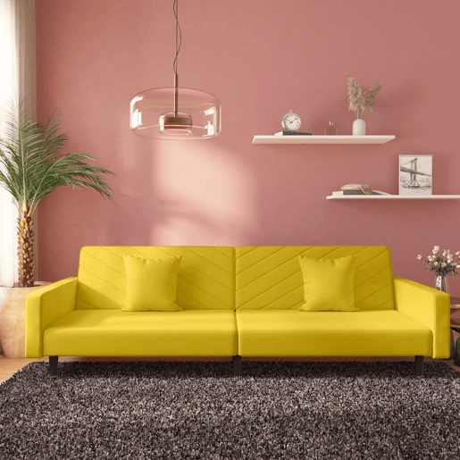 Sofá-cama, Sofá conversível 2 lugares com duas almofadas veludo amarelo