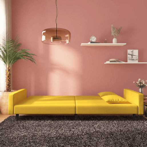 Sofá-cama, Sofá conversível 2 lugares com duas almofadas veludo amarelo