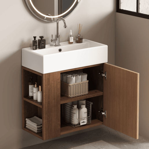 Móvel de casa de banho 55 cm - Lavatório com móvel suspenso, pequeno para casa de banho de hóspedes - Castanho