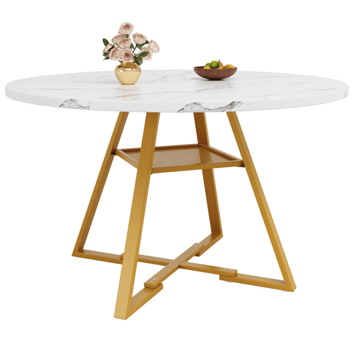 Mesa de jantar redonda 120 cm - Mesa de cozinha com pernas metálicas, efeito mármore, branca
