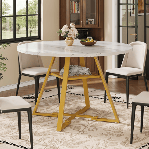Mesa de jantar redonda 120 cm - Mesa de cozinha com pernas metálicas, efeito mármore, branca