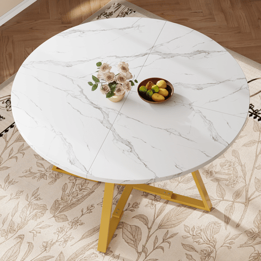 Mesa de jantar redonda 120 cm - Mesa de cozinha com pernas metálicas, efeito mármore, branca