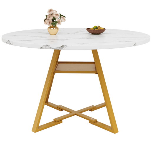 Mesa de jantar redonda 120 cm - Mesa de cozinha com pernas metálicas, efeito mármore, branca