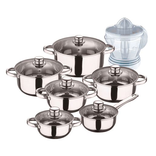 Conjunto de panelas San Ignacio de aço inoxidável com 12 peças e acabamento cromado, coleção Cassel + espremedor de frutas de 40 W - capacidade de 1,2 litro Conjunto de panelas San Ignacio de aço inoxidável com 12 peças e acabamento cromado, coleção Cassel + espremedor de frutas de 40 W - capacidade de 1,2 litro