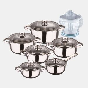 Conjunto de panelas San Ignacio de aço inoxidável com 12 peças e acabamento cromado, coleção Cassel + espremedor de frutas de 40 W - capacidade de 1,2 litro
