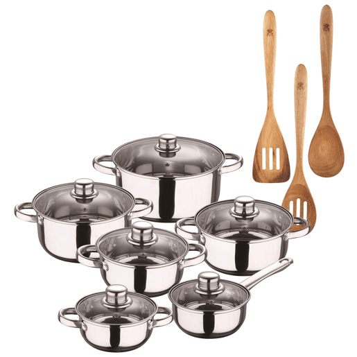Conjunto de panelas San Ignacio de aço inoxidável com 12 peças e acabamento cromado, coleção Cassel + conjunto de utensílios de cozinha de acácia com 3 peças SMART MasterPRO Conjunto de panelas San Ignacio de aço inoxidável com 12 peças e acabamento cromado, coleção Cassel + conjunto de utensílios de cozinha de acácia com 3 peças SMART MasterPRO