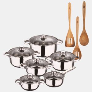 Conjunto de panelas San Ignacio de aço inoxidável com 12 peças e acabamento cromado, coleção Cassel + conjunto de utensílios de cozinha de acácia com 3 peças SMART MasterPRO