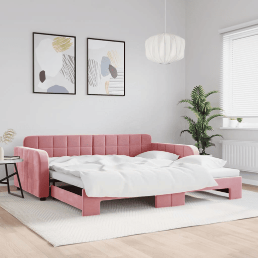 Sofá-cama, Sofá conversível com gavetão 100x200 cm veludo rosa