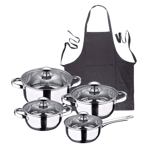 Conjunto de panelas SAN IGNACIO de 7 peças em aço inoxidável, adequado para todos os tipos de fogão + Avental cinza escuro 100% algodão 75x80cm Conjunto de panelas SAN IGNACIO de 7 peças em aço inoxidável, adequado para todos os tipos de fogão + Avental cinza escuro 100% algodão 75x80cm