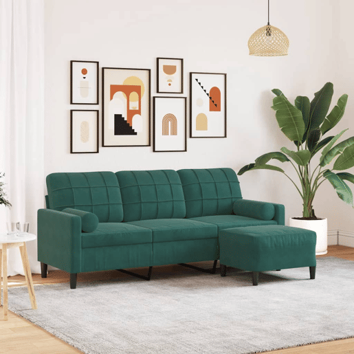 Sofá de 3 lugares - Sofá fixo com apoio de pés 180 cm veludo verde-escuro